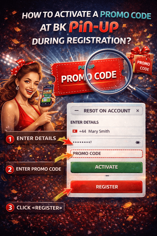 Активация промокода в БК PinUp во время регистрации с полем для ввода кода, созданием аккаунта и подключением бонусного предложения