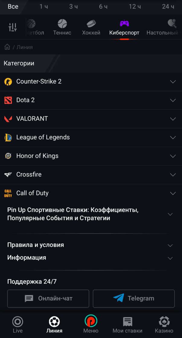Страница ставок на киберспорт в БК PinUp с турнирами, матчами, коэффициентами и доступными рынками для пари